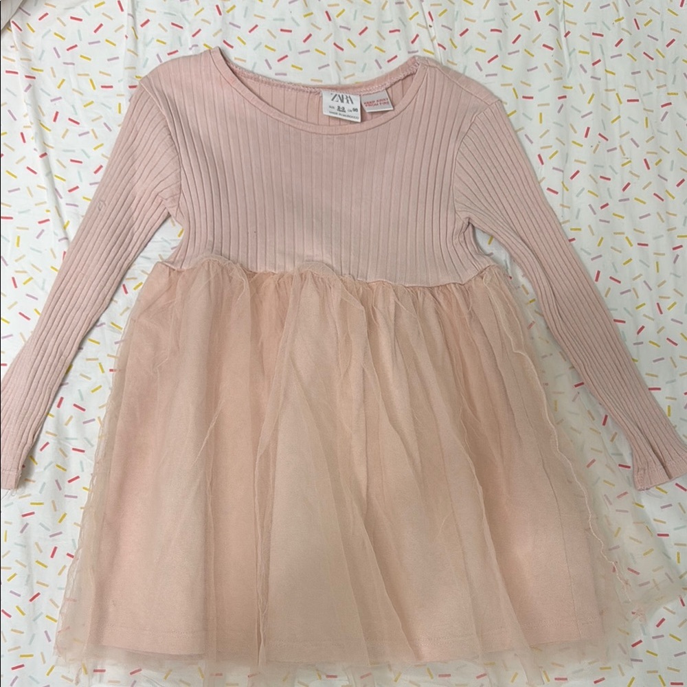 Zara Pink Babydoll Dress with Long Sleeves and Crew Neck
